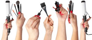 Beyaz arka plan üzerinde izole öğeleri makyaj ile fazla el 