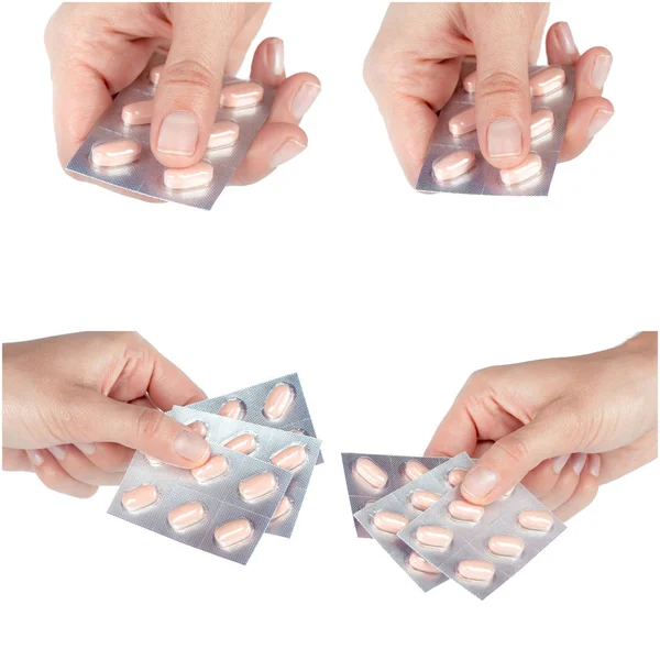 Collage Pillole Blister Nelle Mani Delle Persone Sfondo Bianco — Foto Stock