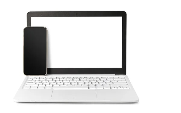 Laptop Telefone Celular Isolado Branco — Fotografia de Stock