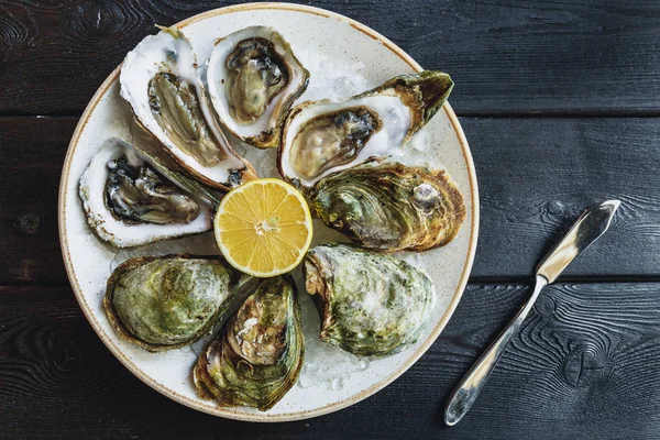 Open wet oysters on a plate with lemon