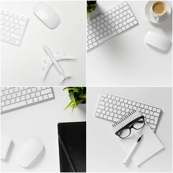 Office desk table with computer, supplies and coffee cup