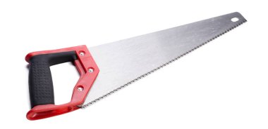 Beyaz arkaplanda el testeresi.