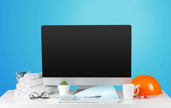 Architect Workspace Computer Screen Colorful Background — Stock Photo, Image