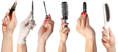 Beyaz arka plan üzerinde izole öğeleri makyaj ile fazla el 