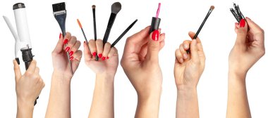 Beyaz arka plan üzerinde izole öğeleri makyaj ile fazla el 