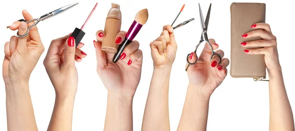 many hands with make up items isolated on white background