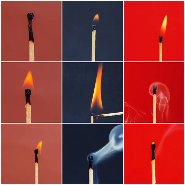 Collage Mit Brennenden Streichhölzern — Stockfoto