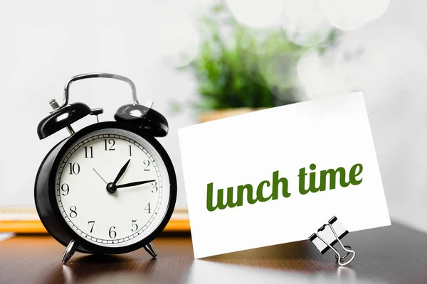 Close Black Alarm Clock Lunch Time Text Blank — Stock Photo, Image