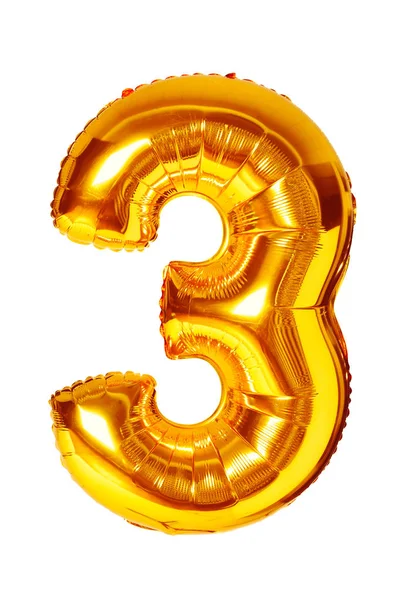 Número Três Balão Dourado Isolado Branco — Fotografia de Stock