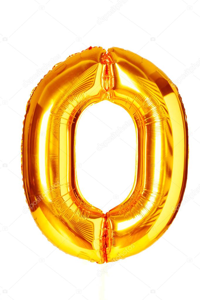 Zero digit golden balloon isolated on white