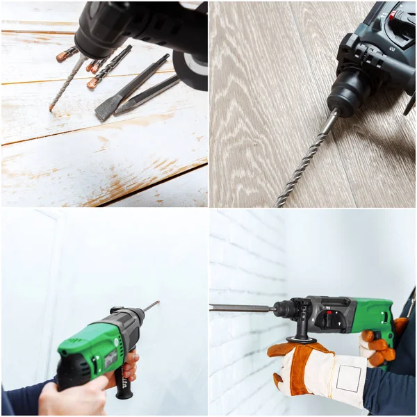 collage with man working with hammer drill