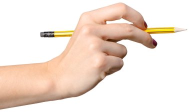 Kadın el beyaz arka plan üzerinde izole kalem ile yazma