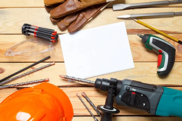 Electric Hammer Drill Lies Wooden Table — Stock Photo, Image