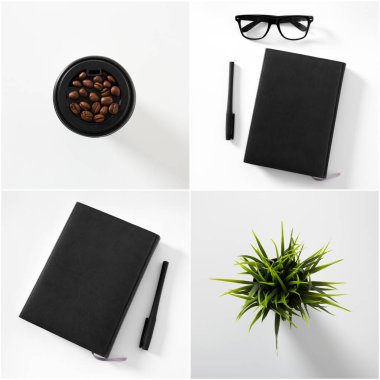 Not defteri, kalem, bitki ve kahve makinesi ile ayarlandı