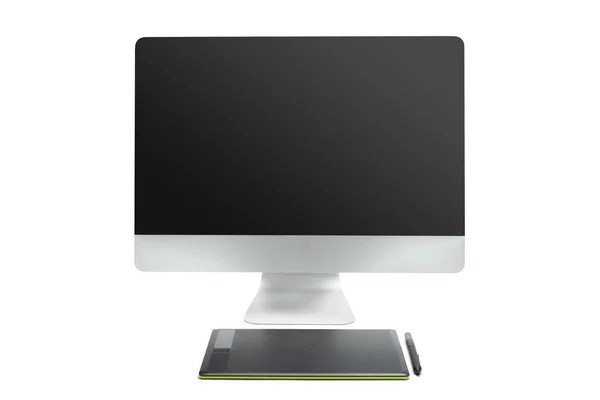 Graphic tablet with pen and computer for illustrators and designers, isolated on white background