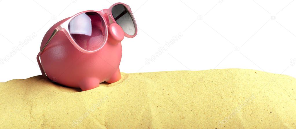 Summer piggy bank with sunglasses on the beach