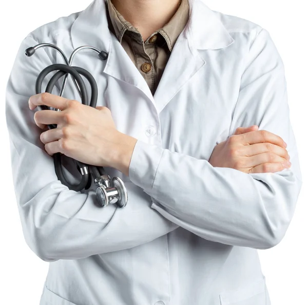 Uma Médica Com Estetoscópio Isolado Branco — Fotografia de Stock