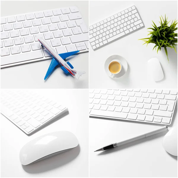 Office desk table with computer, supplies and coffee cup