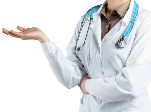 Kvinna Läkare Med Stetoskop Isolerad Vit — Stockfoto