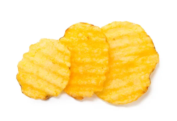 Zár Megjelöl Sárga Burgonya Chips Elszigetelt Fehér Backround — Stock Fotó