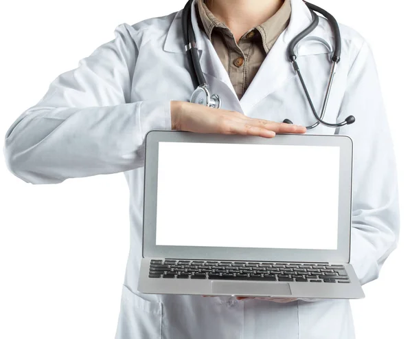 Médica Feminina Segurando Laptop Isolada Fundo Branco — Fotografia de Stock
