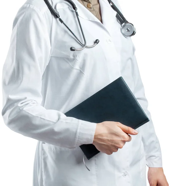 Uma Médica Com Estetoscópio Isolado Branco — Fotografia de Stock