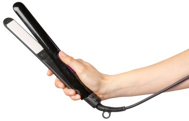 Kuaför curling saç beyaz arka plan üzerinde izole tutan el yakın çekim