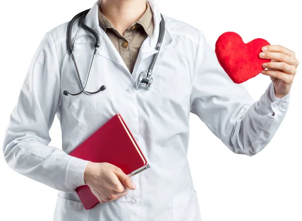 Cardiologista Feminina Uniforme Segurando Coração Vermelho Isolado Fundo Branco — Fotografia de Stock