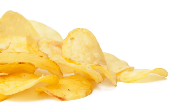 Close Batatas Fritas Amarelas Isoladas Fundo Branco — Fotografia de Stock
