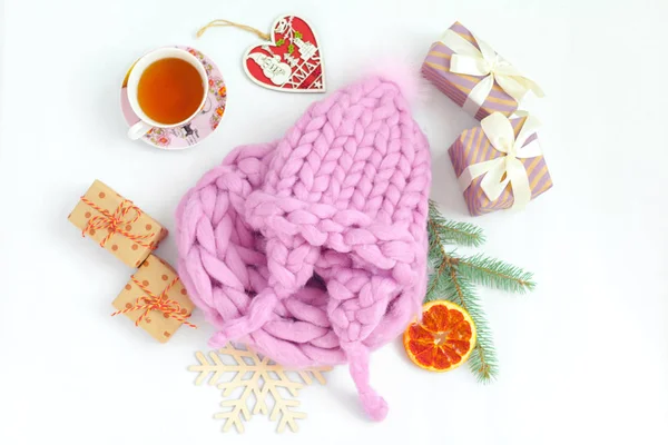 Handmade Knitwear Composition Warm Hat Pastel Color — Stock Photo, Image