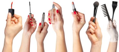 Beyaz arka plan üzerinde izole öğeleri makyaj ile fazla el 