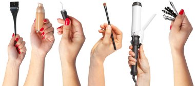 Beyaz arka plan üzerinde izole öğeleri makyaj ile fazla el 