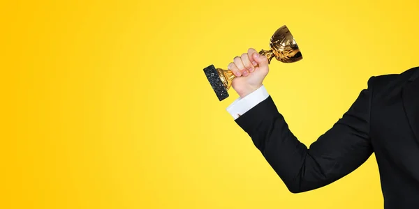 Unrecognizable Businessman Golden Trophy Success Concept — Stock Photo, Image