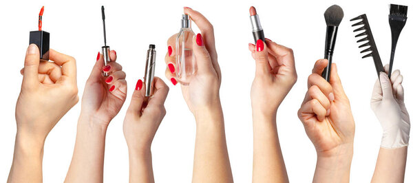 many hands with make up items isolated on white background 