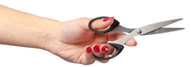 el Beyaz arka plan üzerinde izole bir makas tutan berber 