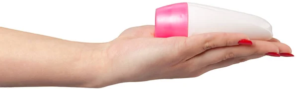 Пластиковая Трубка Косметики Женской Руке Белом Фоне — стоковое фото