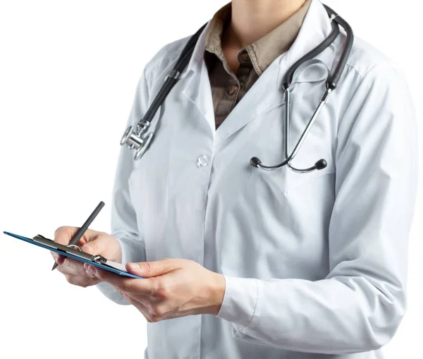 Medico Donna Appunti Tenuta Uniforme Isolato Sfondo Bianco — Foto Stock