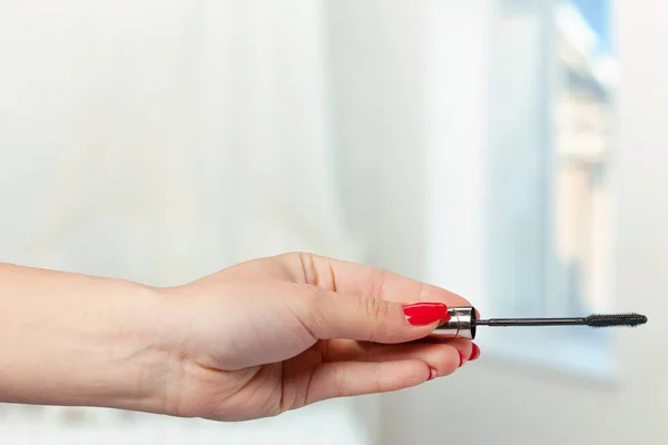 Mão Feminina Segurando Uma Escova Maquiagem Profissional — Fotografia de Stock