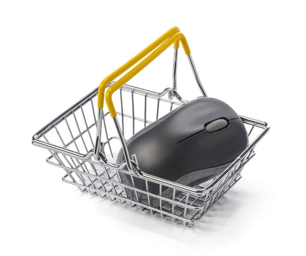 Computer Mouse Shopping Basket White Background — Stock Photo, Image