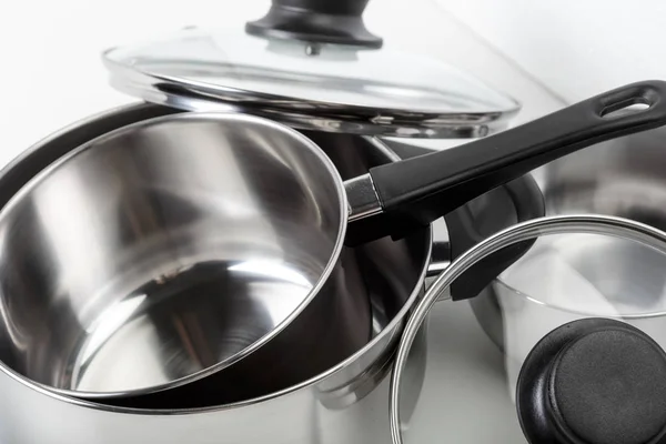 Stainless Steel Pots Pans Isolated White Background — Stock Photo, Image