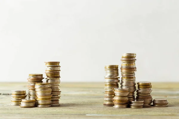 Close Coins Stacks Wooden Table — Stock Photo, Image