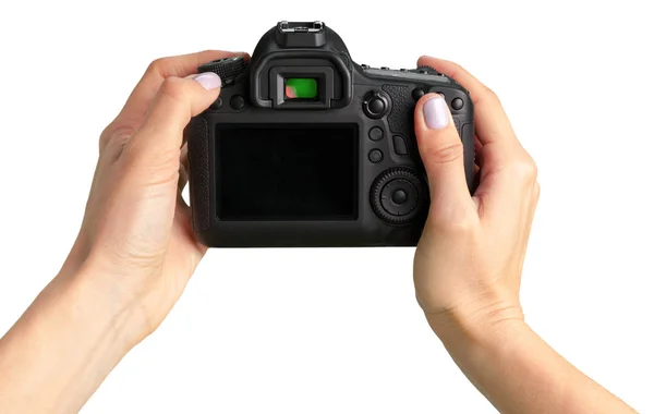両手の白い背景に分離されたブラック デジタル一眼レフ カメラ — ストック写真