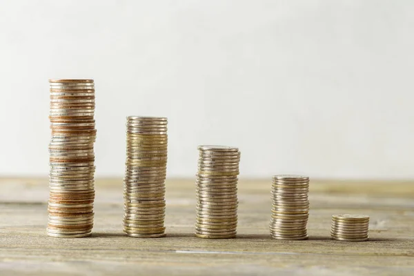 Close Coins Stacks Wooden Table — Stock Photo, Image