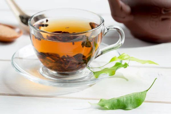 close up view of morning tea on table