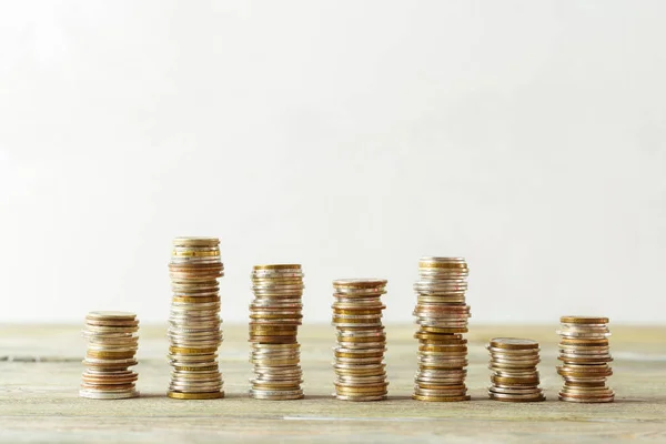 Close Coins Stacks Wooden Table — Stock Photo, Image