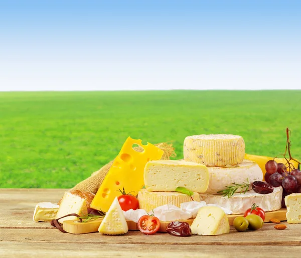 Close Differnrt Types Delicious Cheese Table — Stock Photo, Image