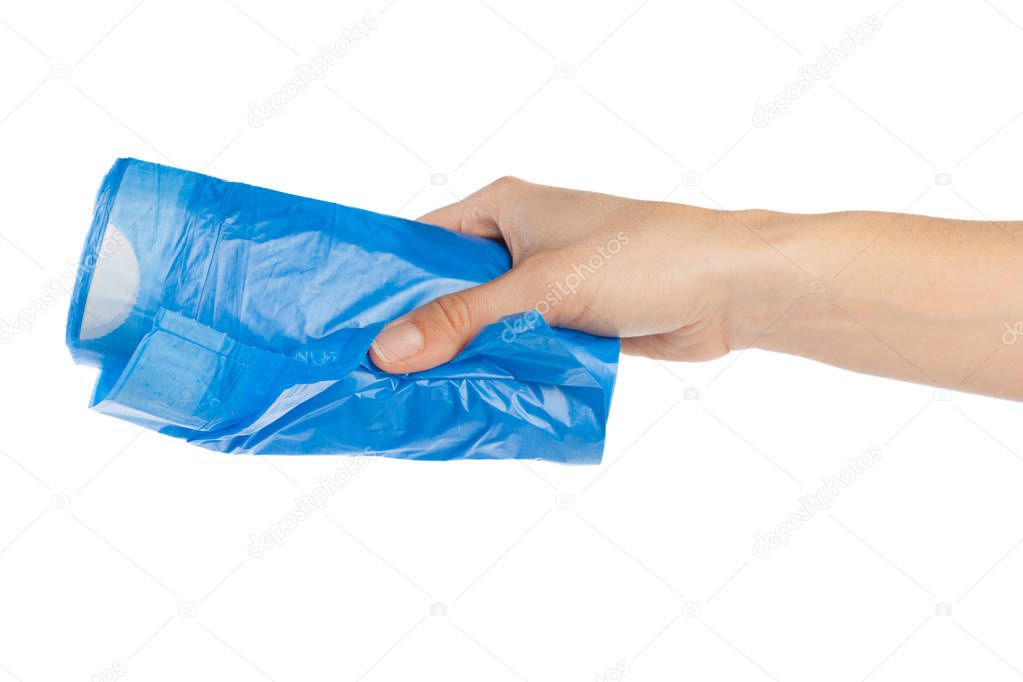 woman hand holding garbage bag isolated on white background