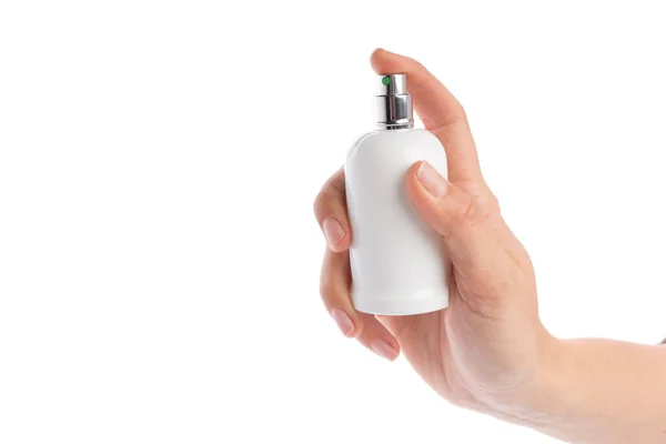 Mulher Mão Com Frasco Perfume Isolado Fundo Branco — Fotografia de Stock