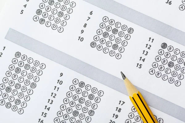 close up view of Test score sheet with answers