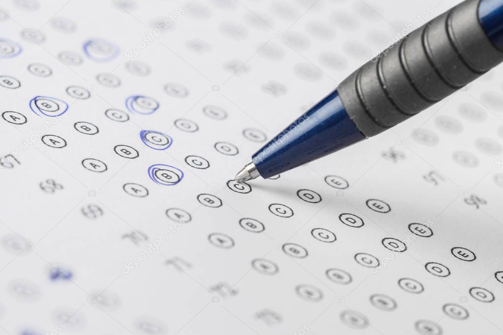 close up view of Test score sheet with answers